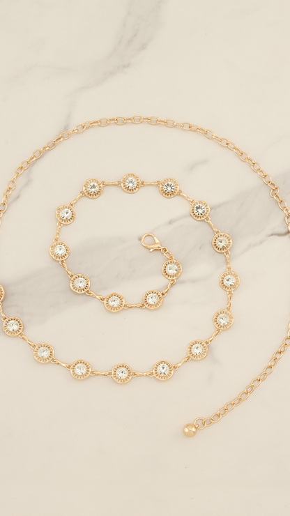CIRCULAR RHINESTONE METAL LINK CHAIN BELT (GOLD)
