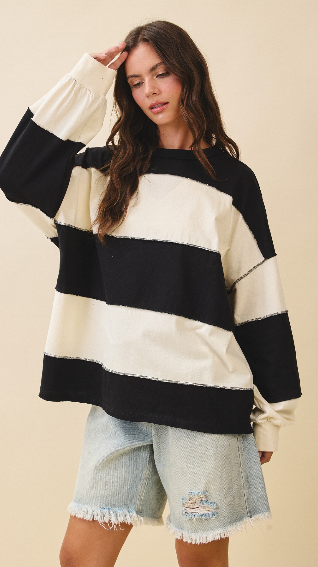 CONTRAST PANEL LONG SLEEVE SLOUCHY PULLOVER