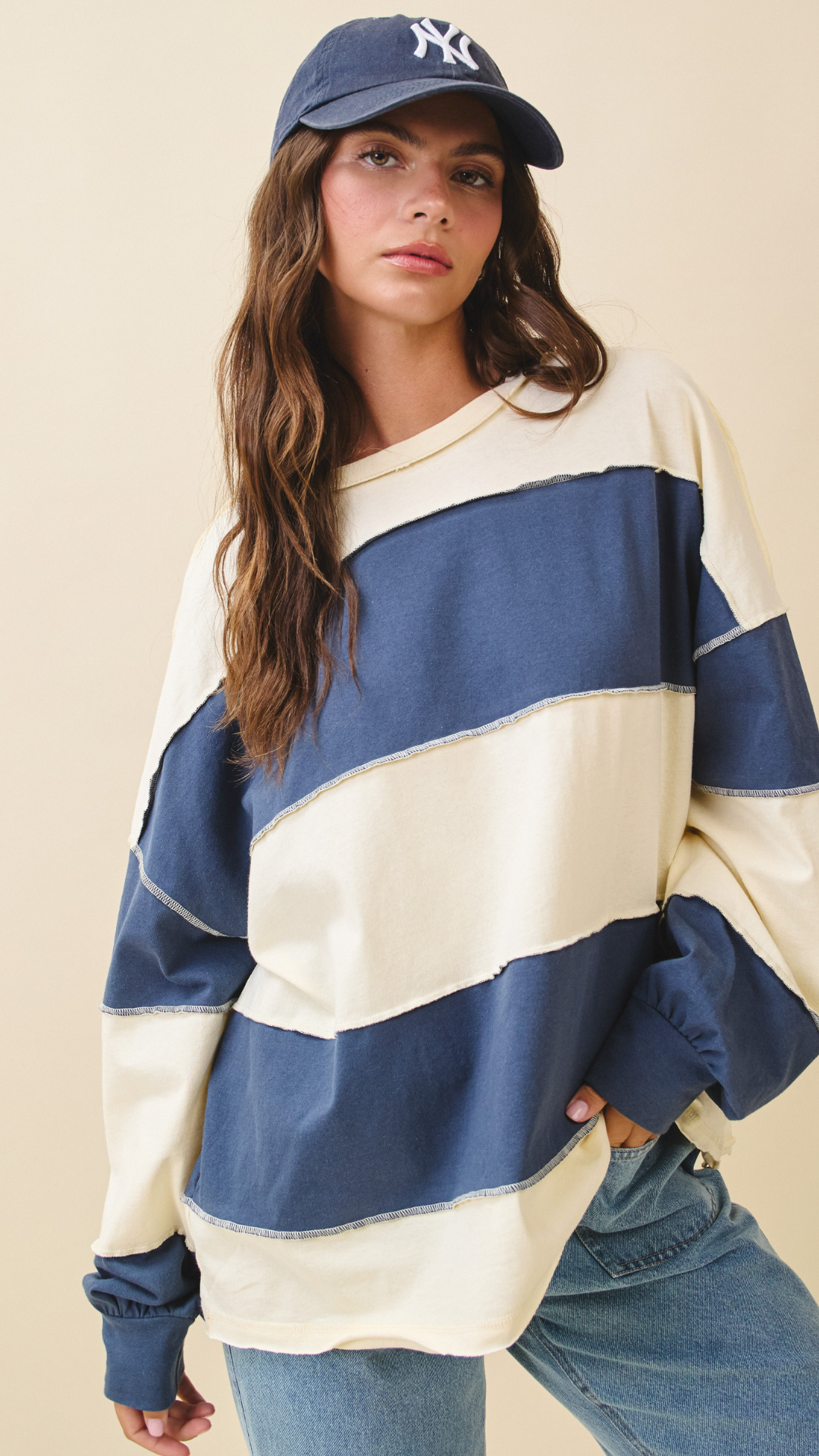 CONTRAST PANEL LONG SLEEVE SLOUCHY PULLOVER