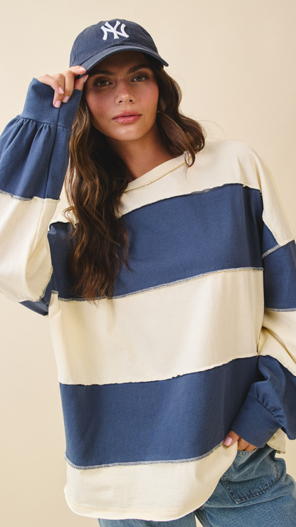 CONTRAST PANEL LONG SLEEVE SLOUCHY PULLOVER