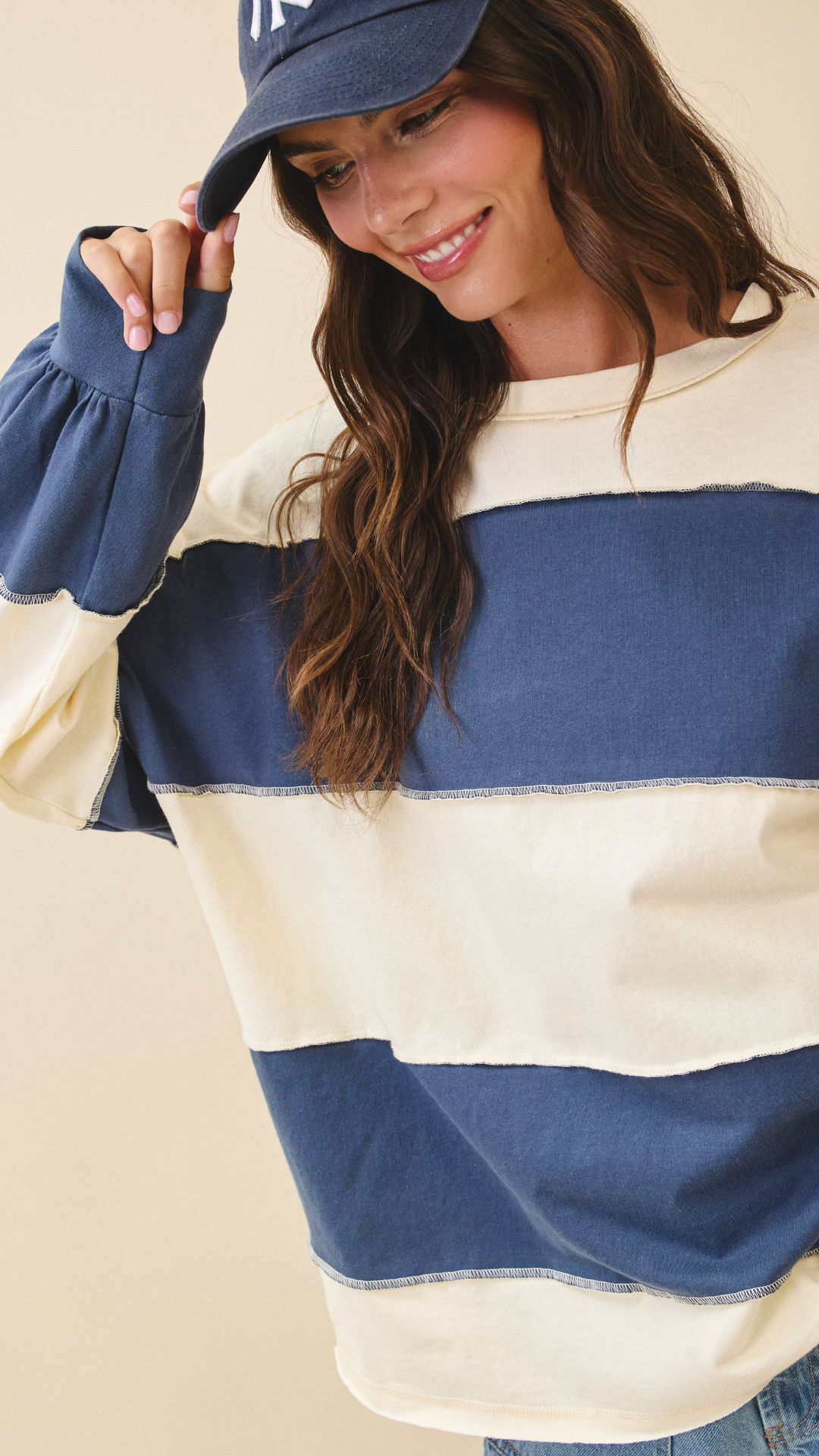 CONTRAST PANEL LONG SLEEVE SLOUCHY PULLOVER