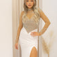 NEW RILEY RHINESTONE/PEARL MAXI GOWN (TAN/WHITE)