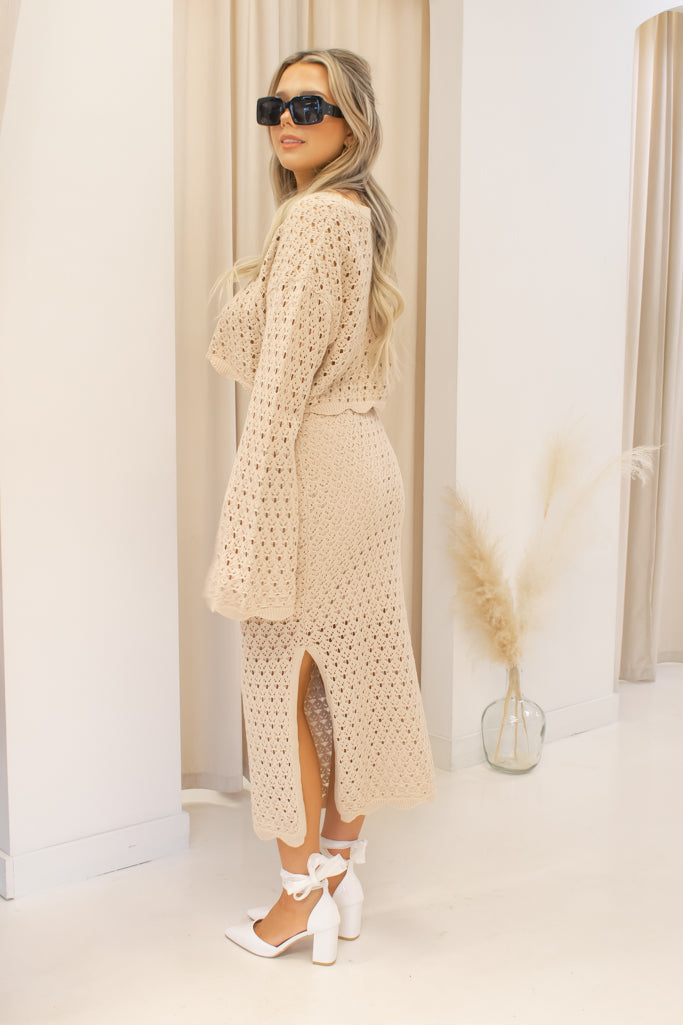 NEW GEORGIE CROCHET KNIT TOP AND SKIRT SET (TAUPE)
