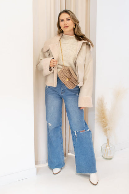 NYA FAUX LEATHER SHERPA JACKET  (SAND)