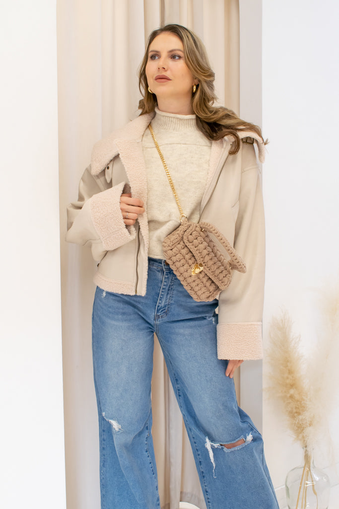 NYA FAUX LEATHER SHERPA JACKET  (SAND)