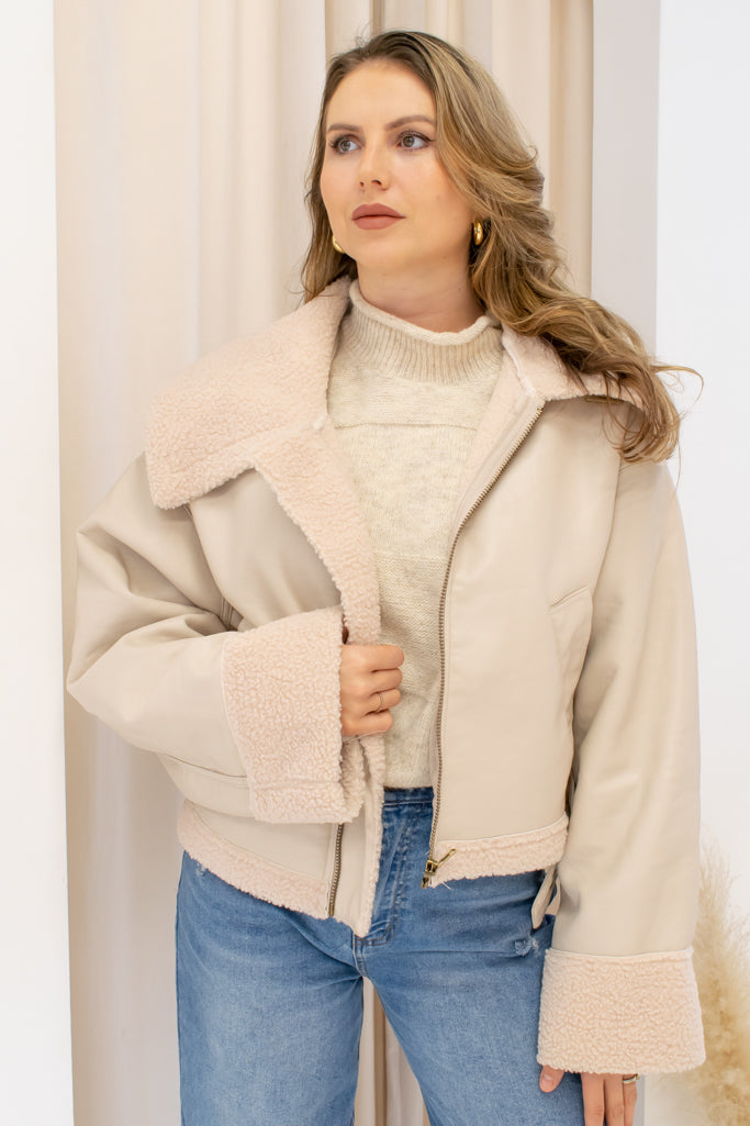 NYA FAUX LEATHER SHERPA JACKET  (SAND)