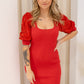 NEW MARIE PUFF SLEEVE SEQUIN KNIT MINI RED)