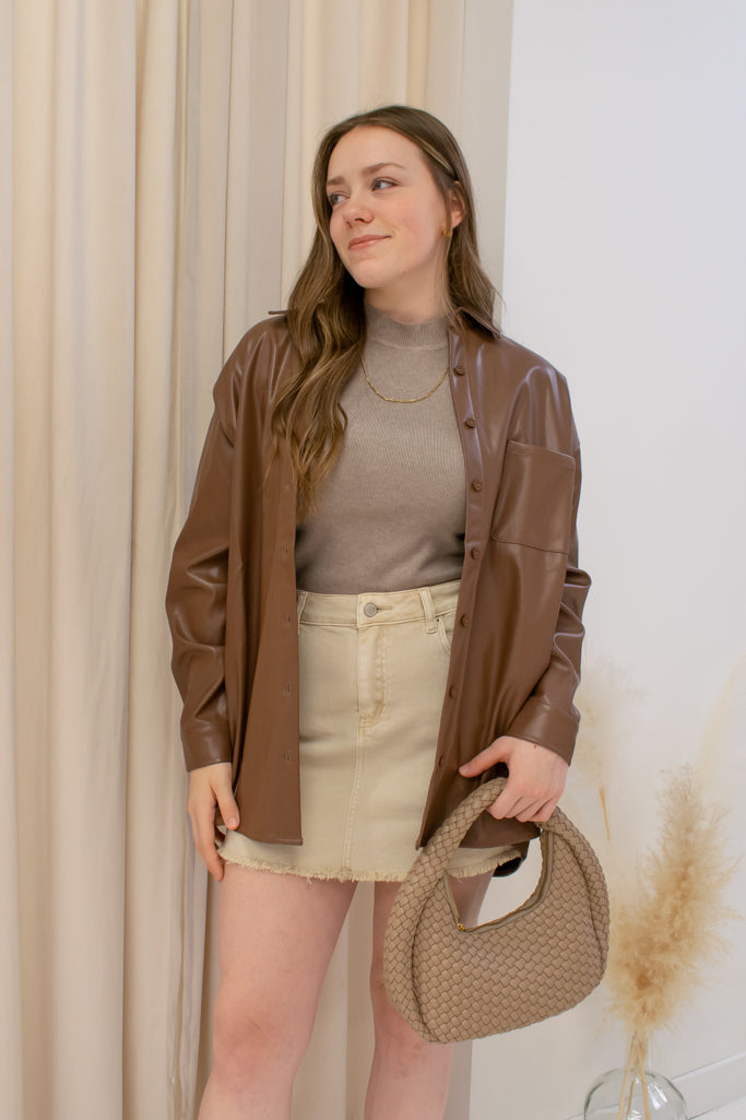 NEW JACKIE FAUX LEATHER SHACKET (BROWN)