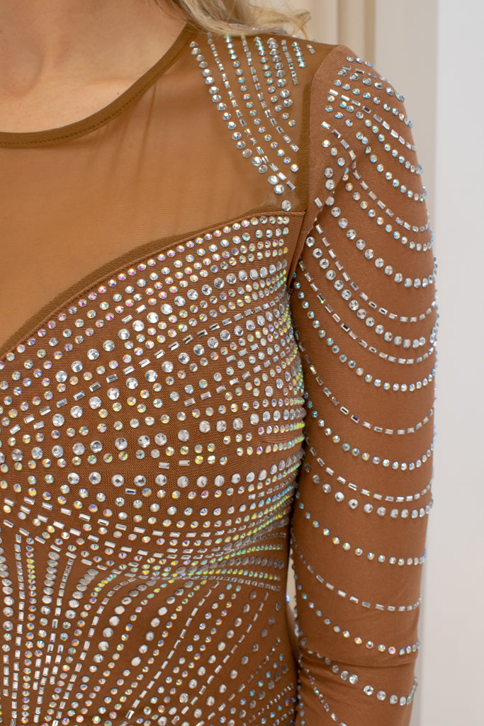 NEW RAQUEL RHINESTONE GOWN (MOCHA)