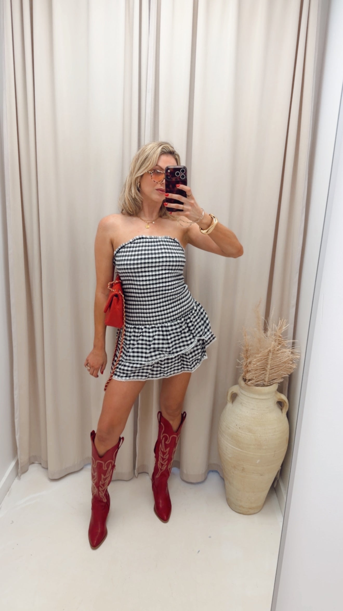PLAID STRAPLESS MINI DRESS