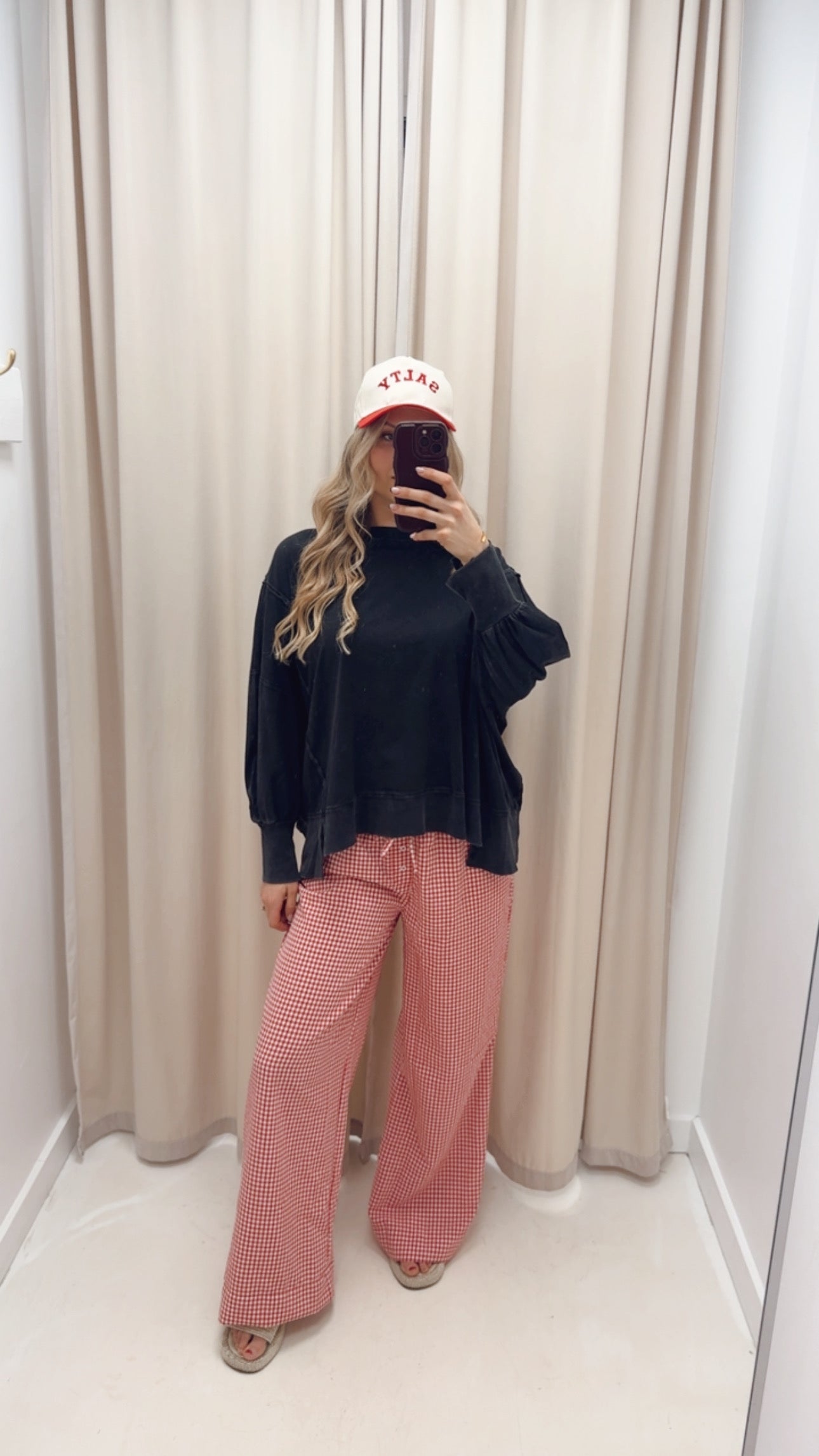 GINGHAM WIDE LEG DRAW-WAIST PANT | RED