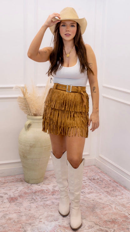 NEW NEVE FRINGE RHINESTONE BELTED SKIRT (BROWN)