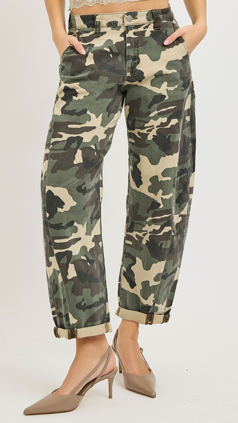 HIGH RISE ANKLE BARREL DOUBLE ROLL UP PANTS