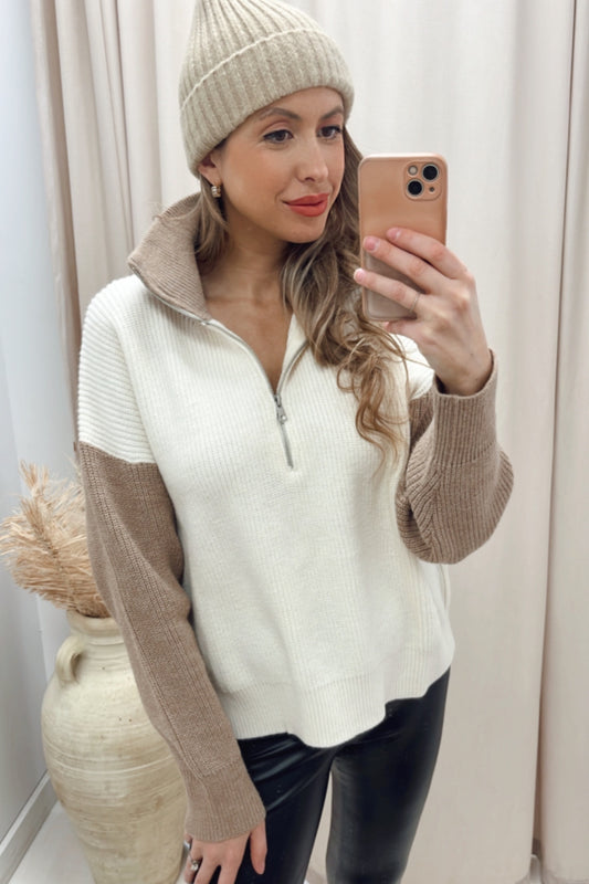 NEW GEORGINA 1/2 ZIP KNIT SWEATER (CREAM\TAUPE)