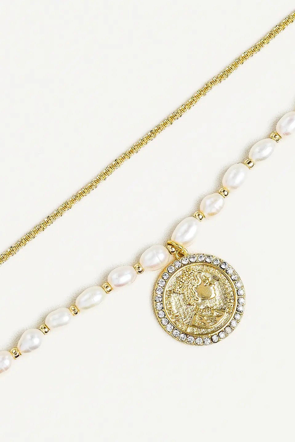 NEW 18K GOLD STACK PEARL &amp; COIN NECKLACE