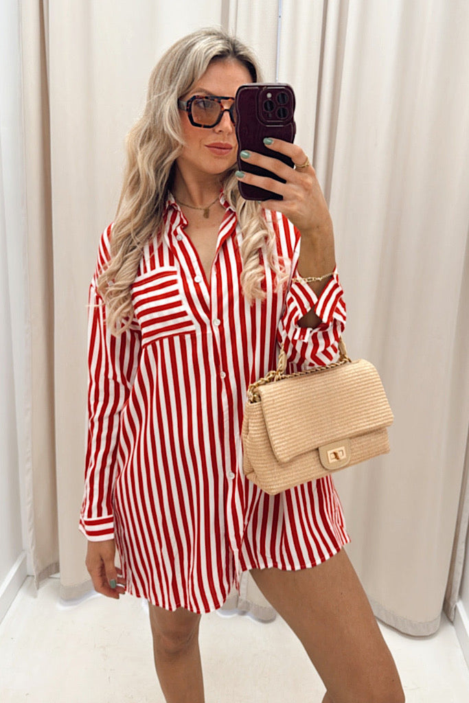 POPPY STRIPED SHIRT DRESS (RED)