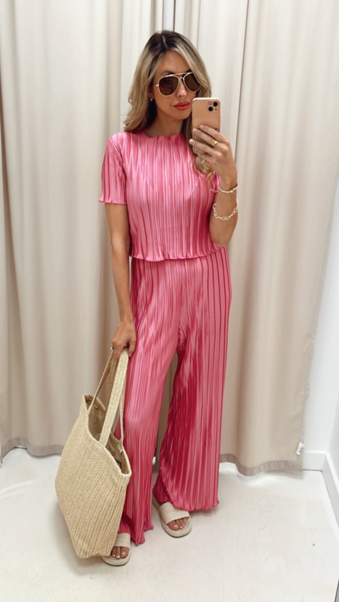 VIVIAN PINK PLISSE SATIN PANT SET