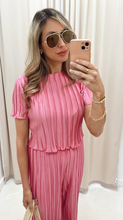 VIVIAN PINK PLISSE SATIN PANT SET