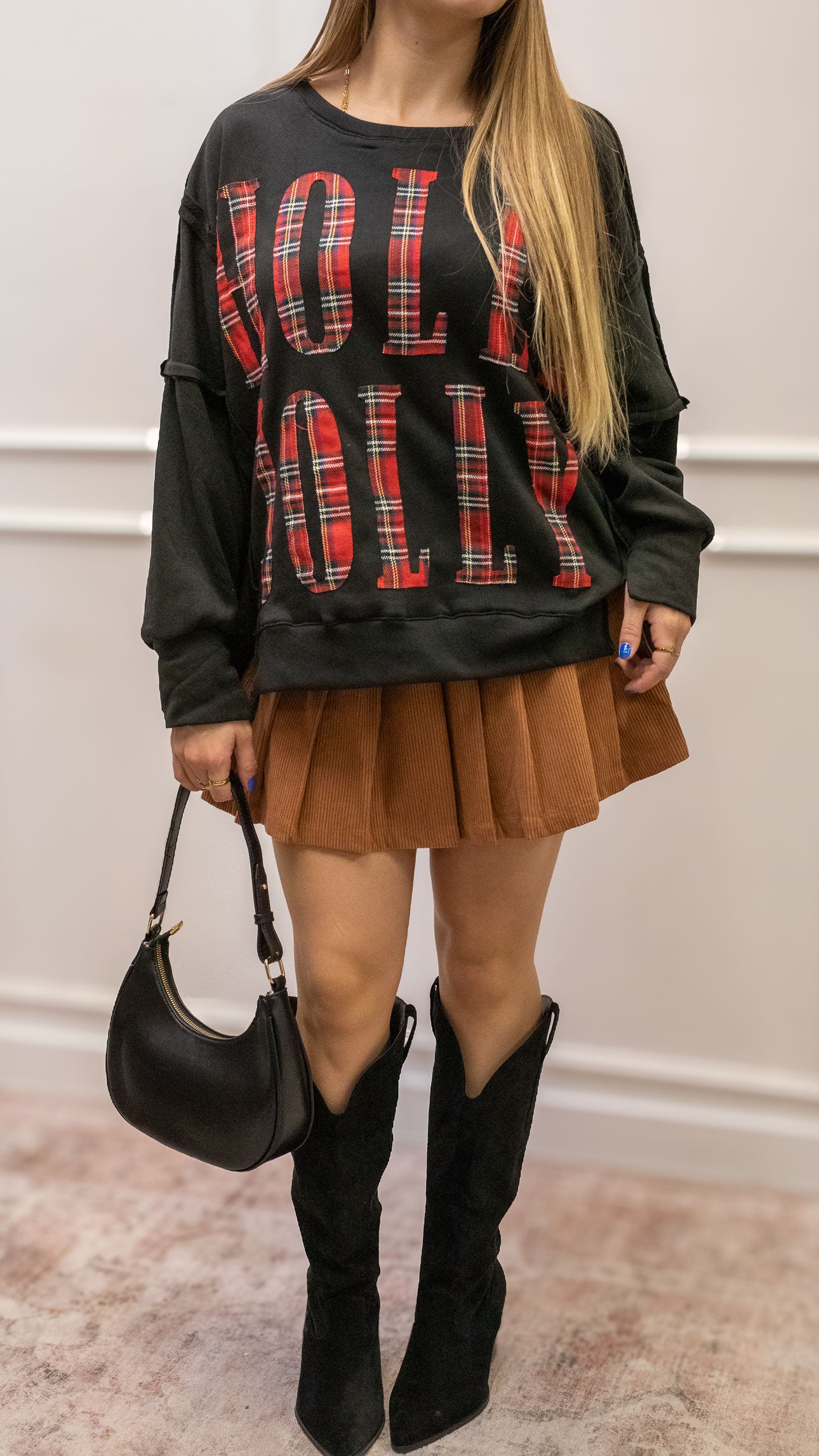 HOLLY JOLLY SWEATSHIRT (BLACK/RED PLAID)