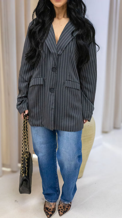 SYLVIE PINSTRIPE BOYFRIEND BLAZER (CHARCOAL)