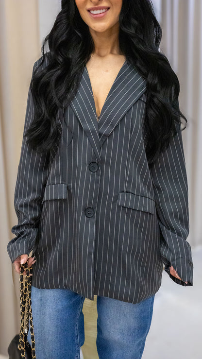 SYLVIE PINSTRIPE BOYFRIEND BLAZER (CHARCOAL)