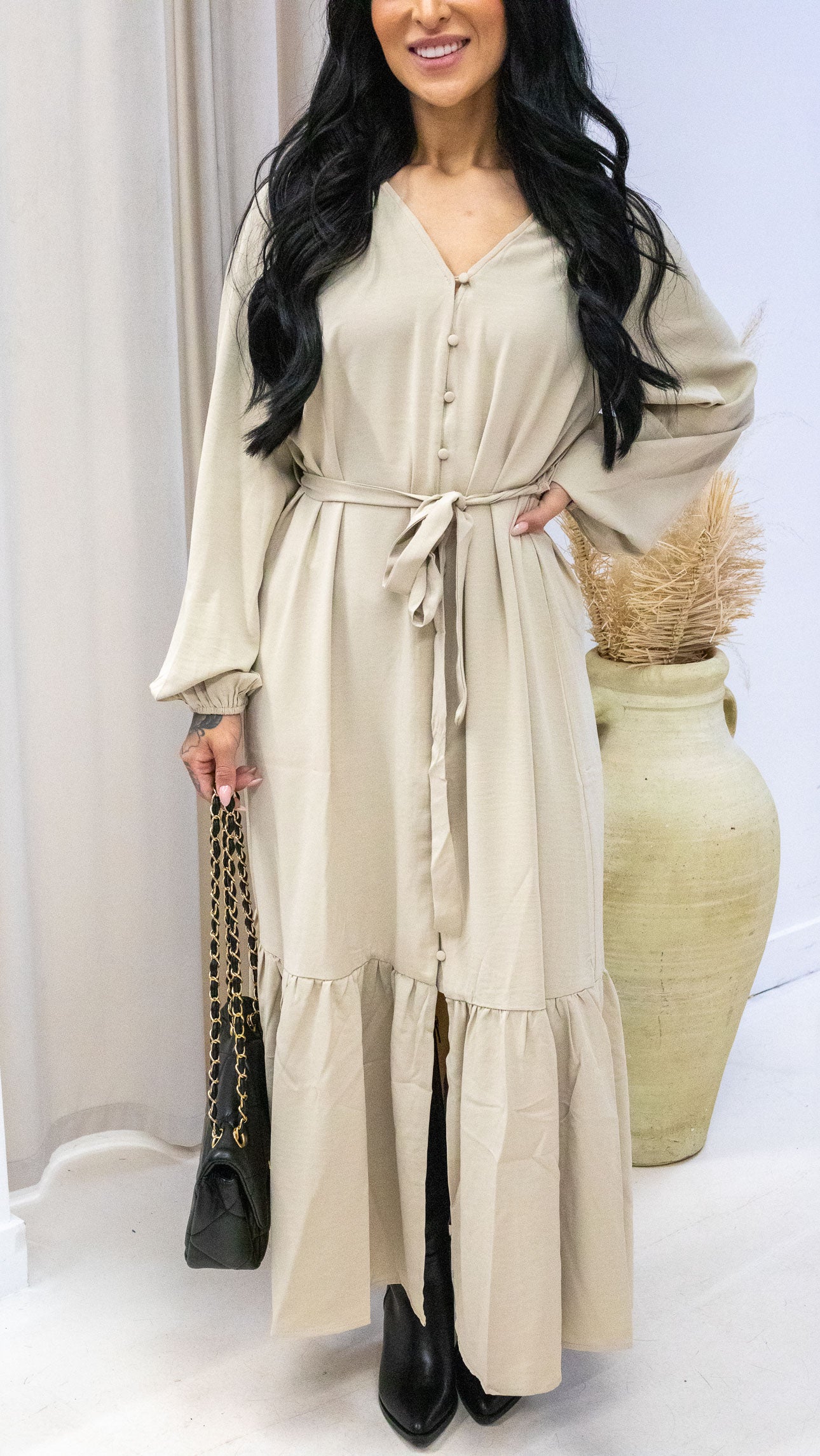 MELINA TIE WAIST MAXI DRESS (BEIGE)