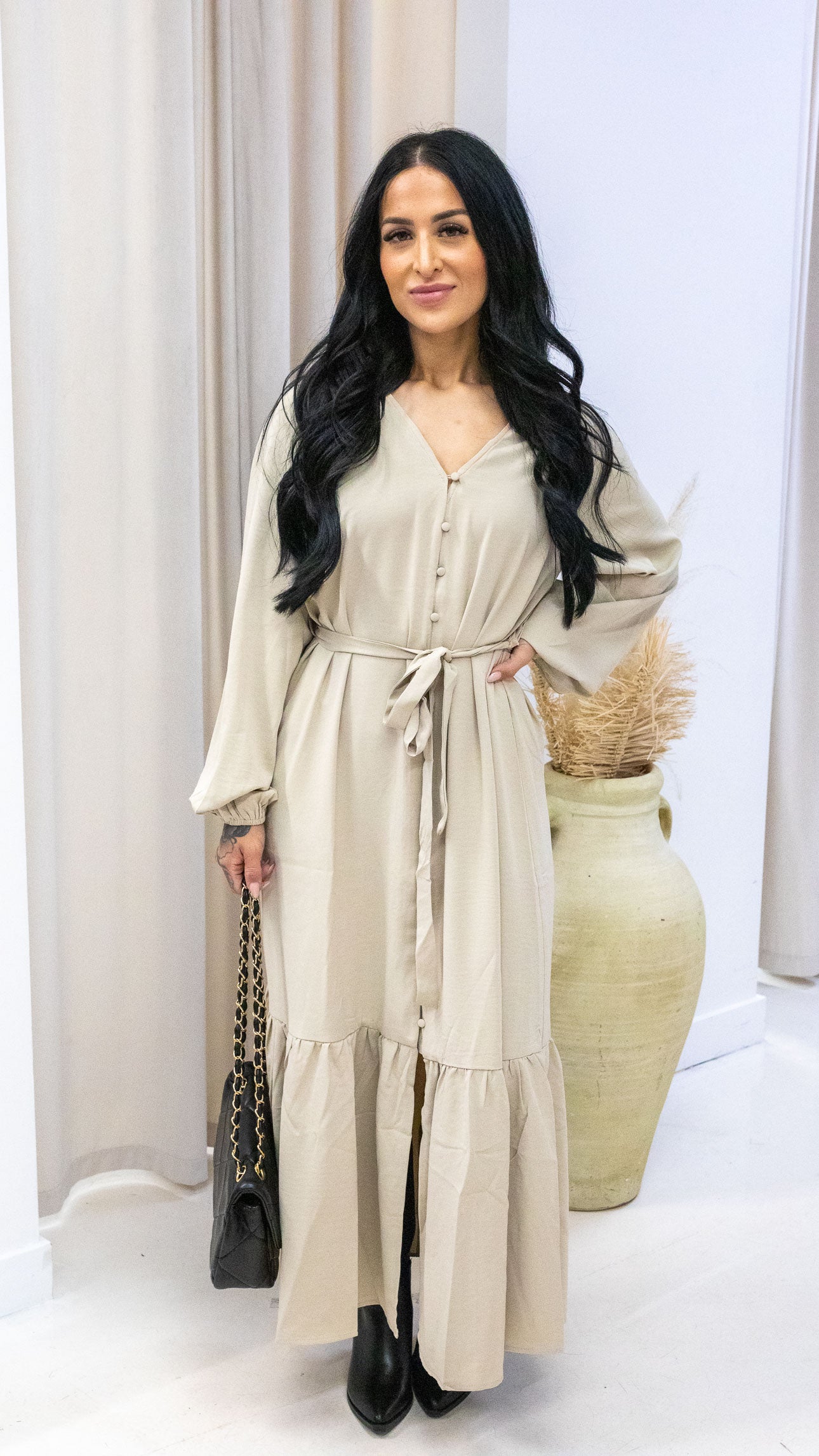 MELINA TIE WAIST MAXI DRESS (BEIGE)