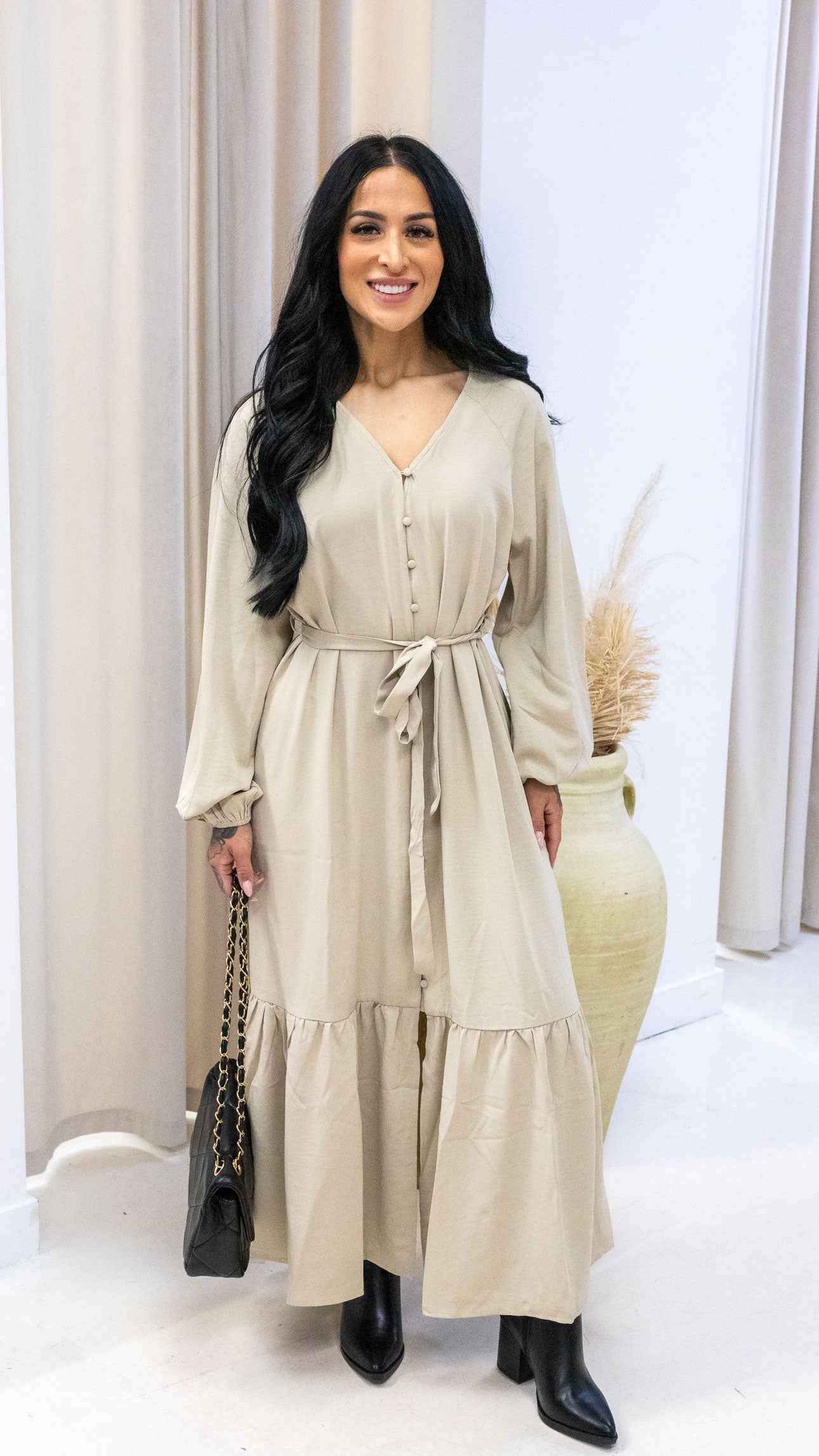 MELINA TIE WAIST MAXI DRESS (BEIGE)
