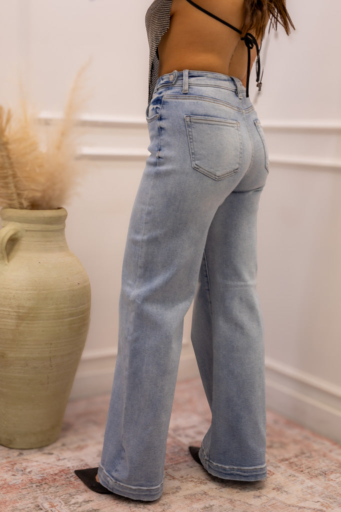 NEW ANDREA HIGH RISE WIDE LEG ADJUSTABLE WAIST JEANS (LIGHT)
