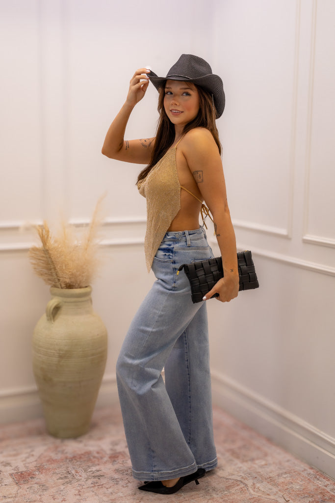 NEW TARA RHINESTINE HALTER TANK (GOLD)