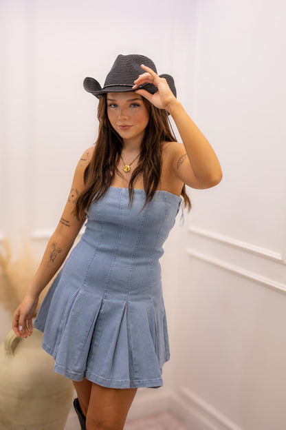 NEW MAIA DENIM STRAPLESS DRESS (MEDIUM WASH)