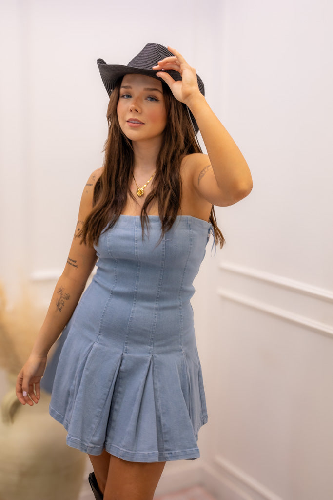 NEW MAIA DENIM STRAPLESS DRESS (MEDIUM WASH)