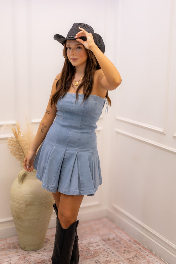 NEW MAIA DENIM STRAPLESS DRESS (MEDIUM WASH)