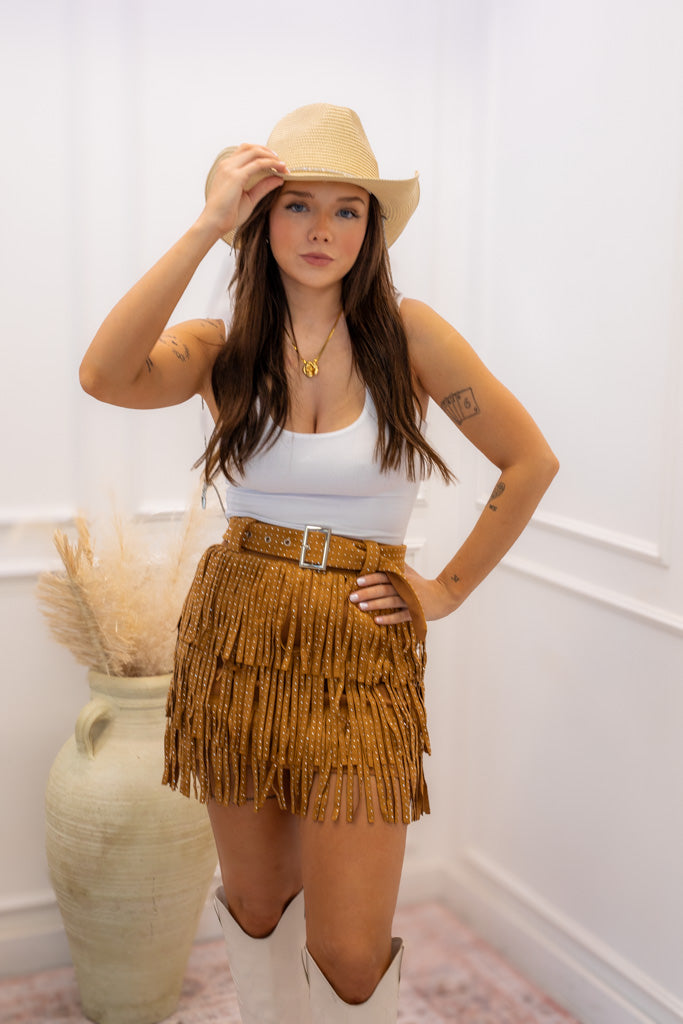 NEW NEVE FRINGE RHINESTONE BELTED SKIRT (BROWN)