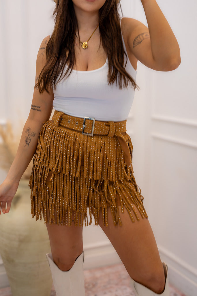 NEW NEVE FRINGE RHINESTONE BELTED SKIRT (BROWN)