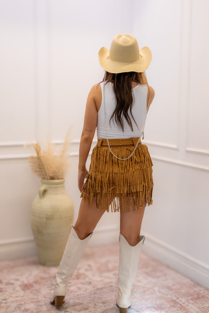 NEW NEVE FRINGE RHINESTONE BELTED SKIRT (BROWN)