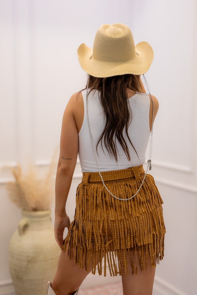 NEW NEVE FRINGE RHINESTONE BELTED SKIRT (BROWN)
