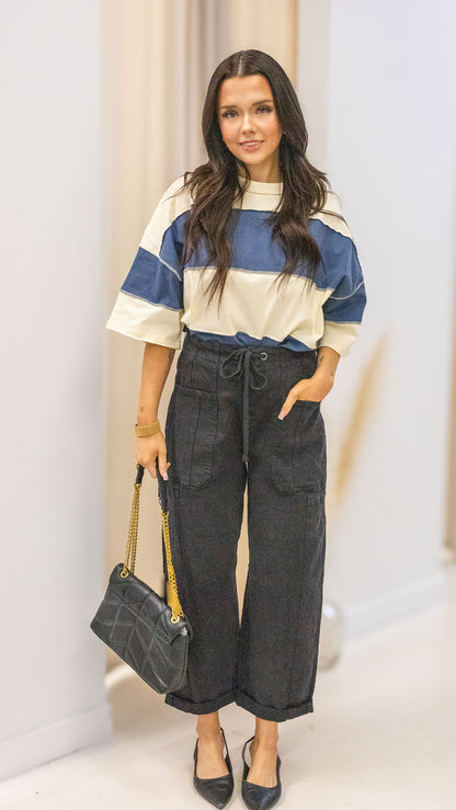 DEMI HIGH RISE CROP WIDE BARREL CARGO POCKET PANTS