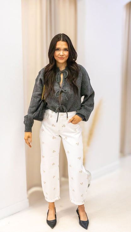 KLOE HIGH RISE LEAF EMBO DETAILED BARREL PANTS