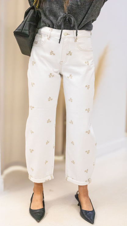 KLOE HIGH RISE LEAF EMBO DETAILED BARREL PANTS