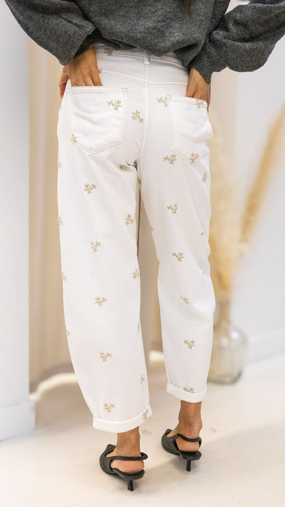 KLOE HIGH RISE LEAF EMBO DETAILED BARREL PANTS