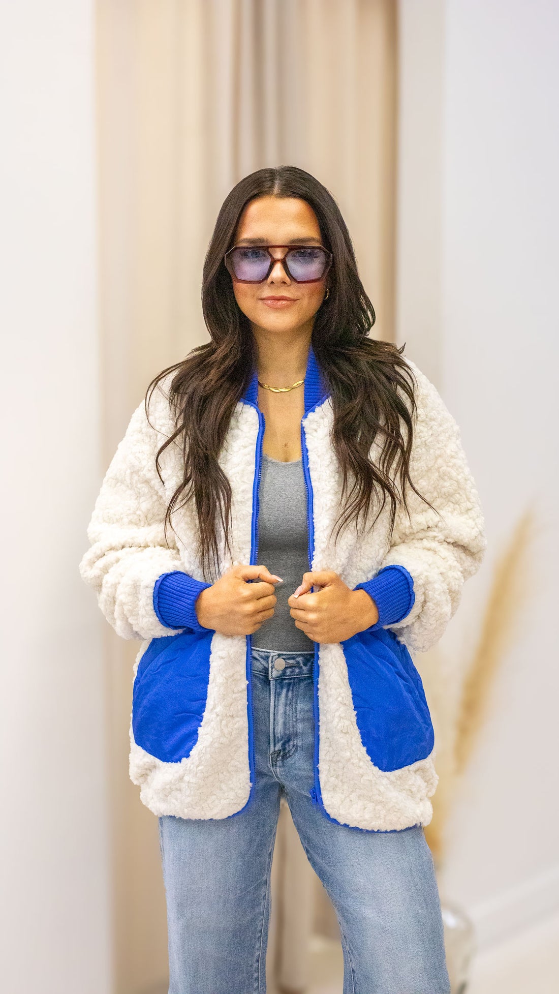 TEXTURED CONTRAST POCKET FLEECE JACKET