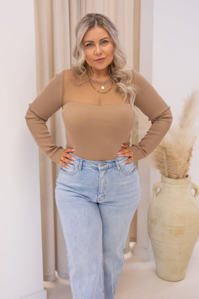 NEW SAM SHEER SWEETHEART NECKLINE LONG SLEEVE (MOCHA)