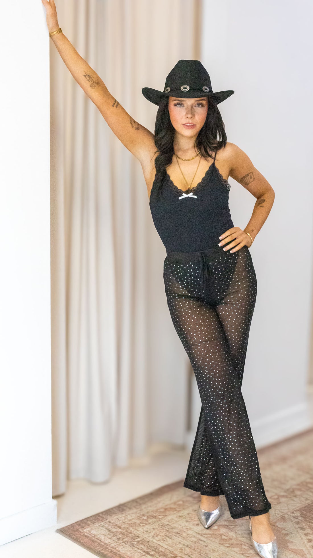 GABBY RHINESTONE MESH PANTS (BLACK)