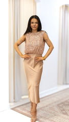 SEQUINS TOP SATIN MIDI DRESS