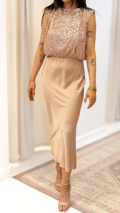 SEQUINS TOP SATIN MIDI DRESS