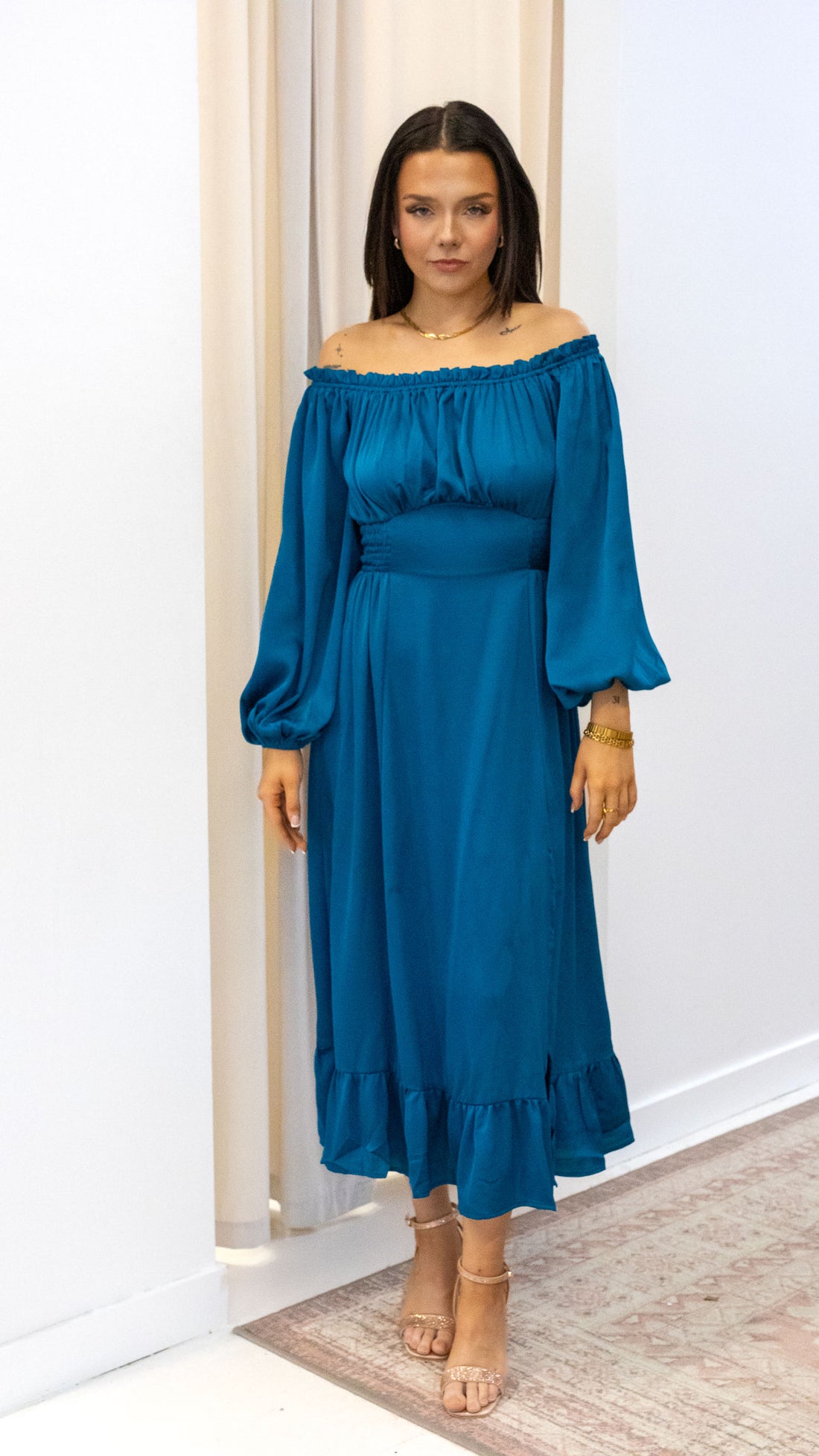 OFF SHOULDER SATIN LONG DRESS