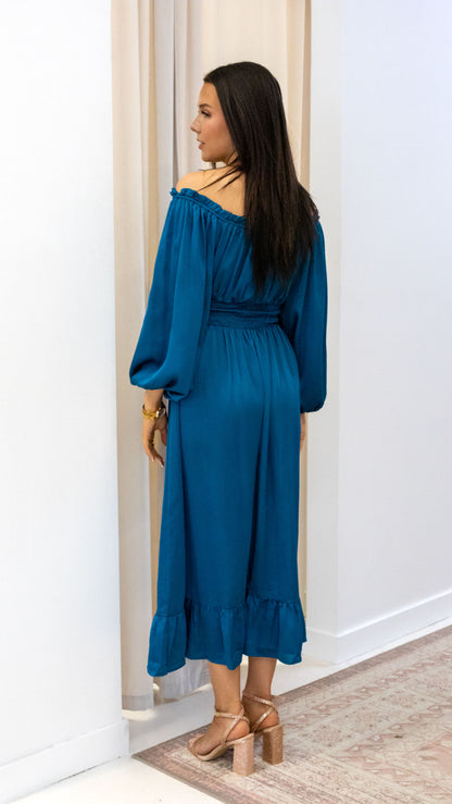 OFF SHOULDER SATIN LONG DRESS