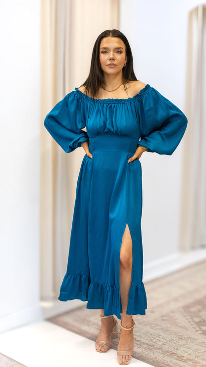 OFF SHOULDER SATIN LONG DRESS