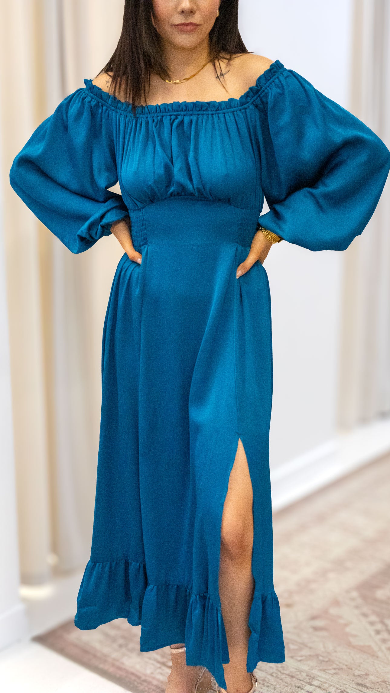 OFF SHOULDER SATIN LONG DRESS